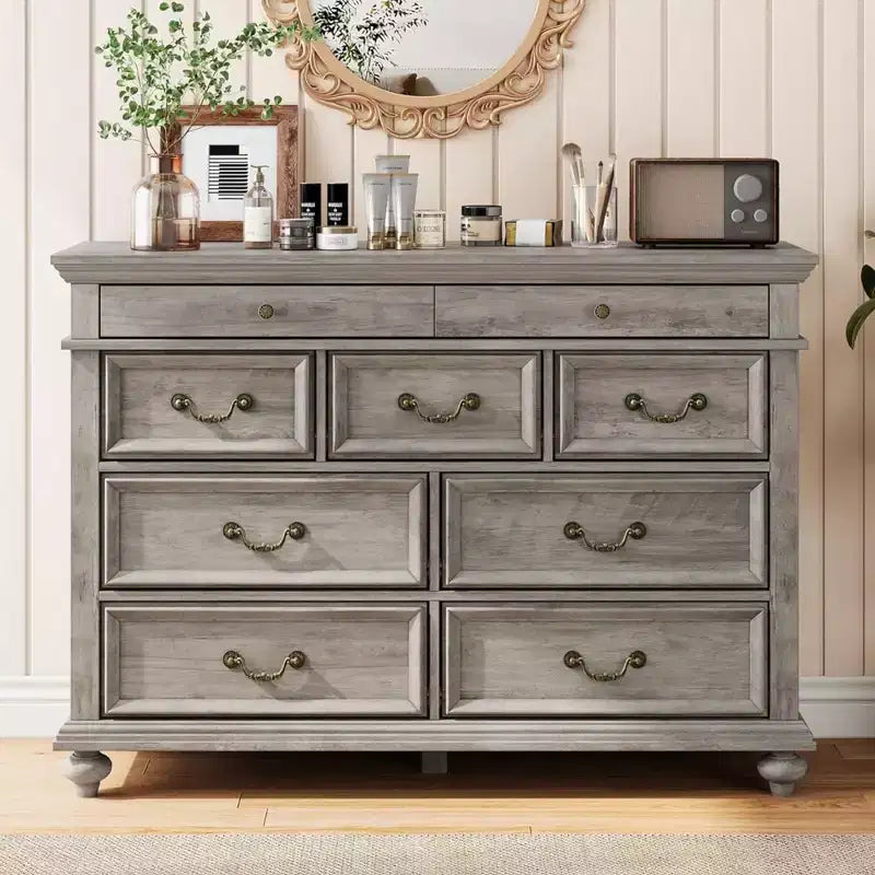 Commode en bois, commode à 9 tiroirs avec grande unité de rangement et poignées métalliques vintage