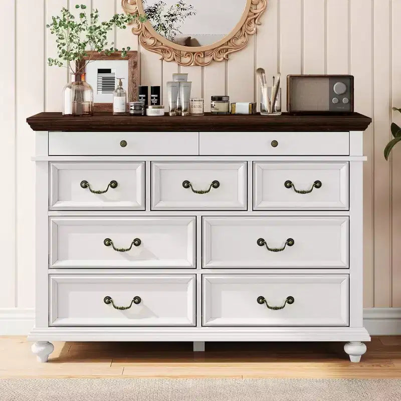 Commode en bois, commode à 9 tiroirs avec grande unité de rangement et poignées métalliques vintage