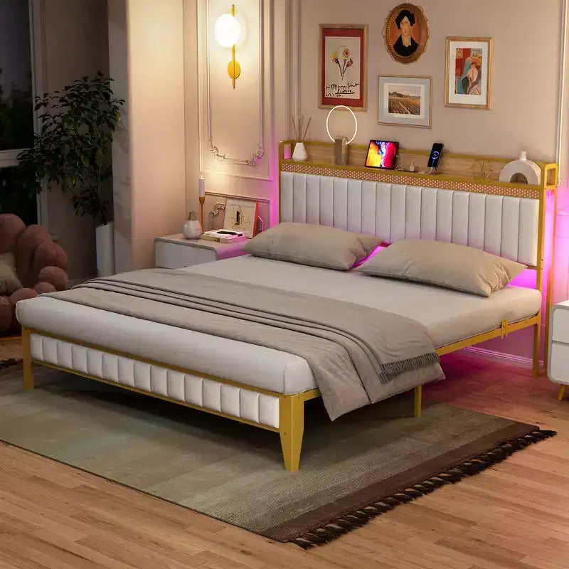 Upholstered Bed Frame with LED Lights | USB Charging Station &amp; Storage | White &amp; Gold Design | Noise-Free Metal Slats | Easy Assembly
