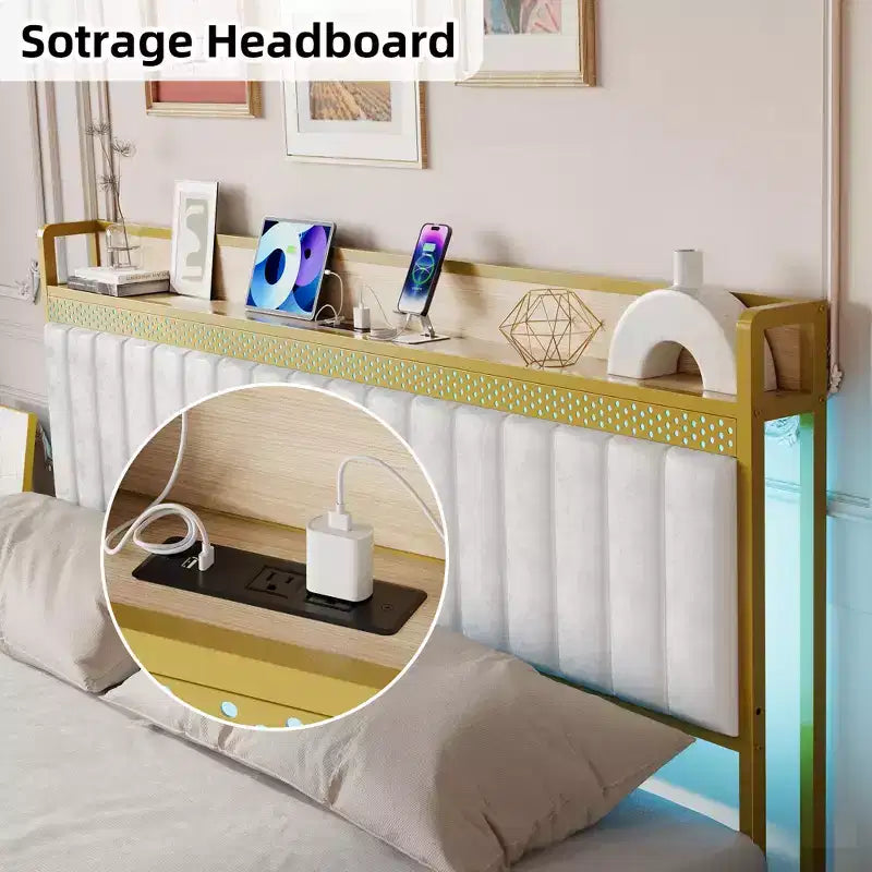 Cadre de lit capitonné avec lumières LED et station de recharge USB