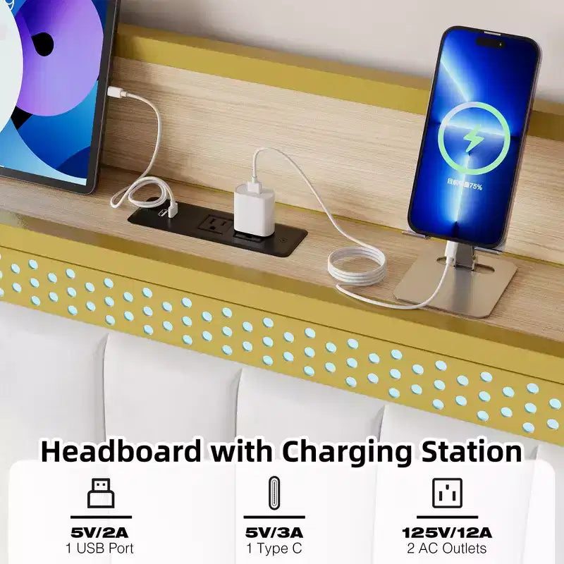 Cadre de lit capitonné avec lumières LED et station de recharge USB