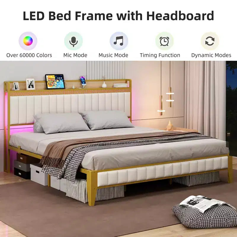 Cadre de lit capitonné avec lumières LED et station de recharge USB