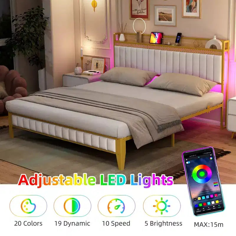 Cadre de lit capitonné avec lumières LED et station de recharge USB