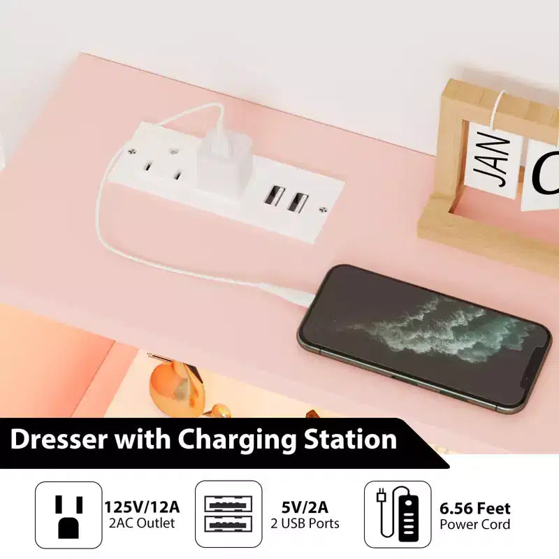Commode avec station de charge, commode meuble TV LED avec 6 tiroirs
