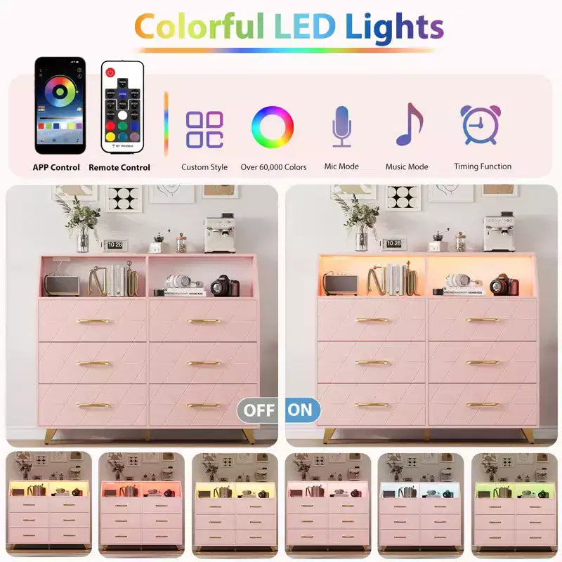 Commode avec station de charge, commode meuble TV LED avec 6 tiroirs