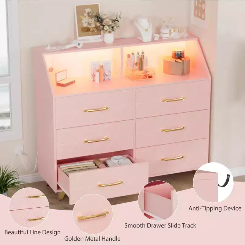 Commode avec station de charge, commode meuble TV LED avec 6 tiroirs
