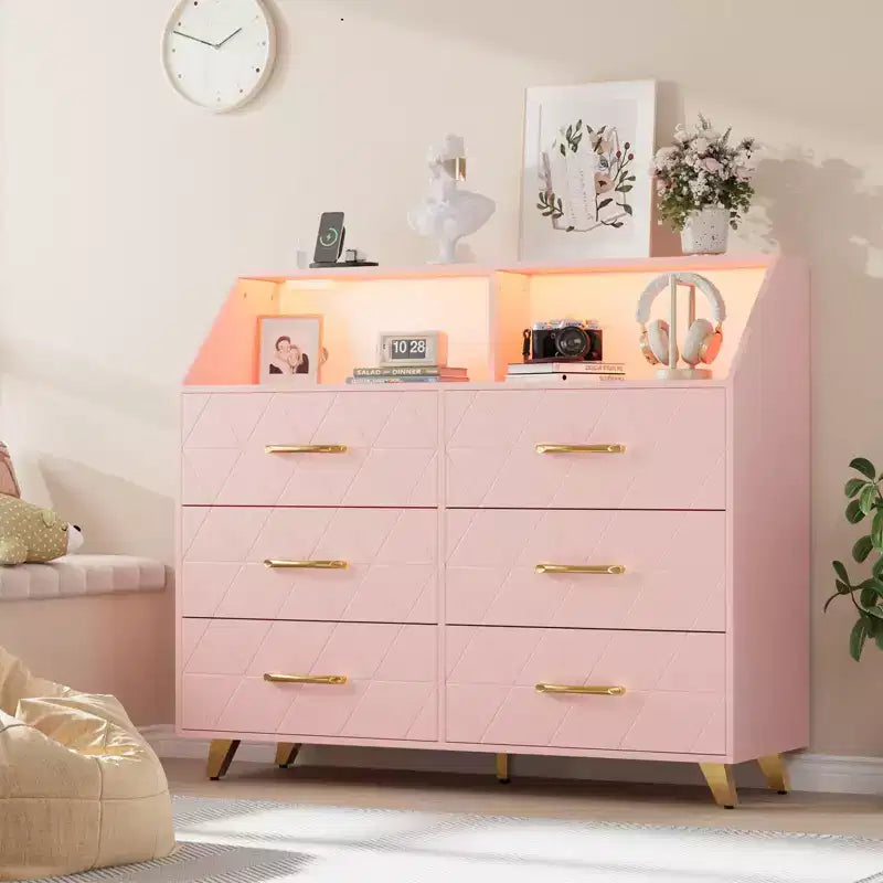 Commode avec station de charge, commode meuble TV LED avec 6 tiroirs