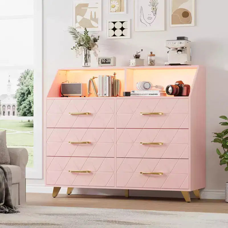 Commode avec station de charge, commode meuble TV LED avec 6 tiroirs