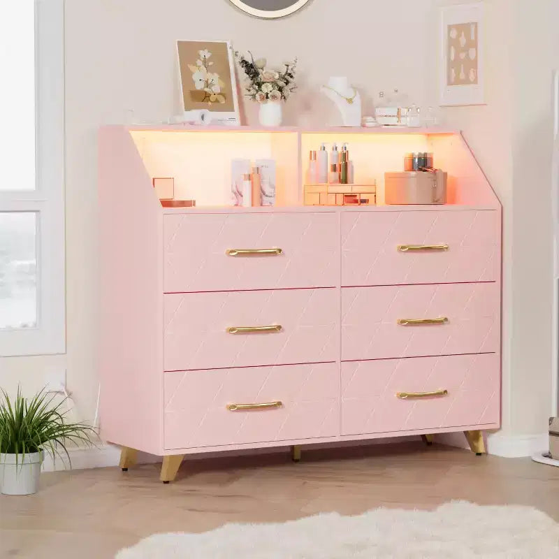 Commode avec station de charge, commode meuble TV LED avec 6 tiroirs