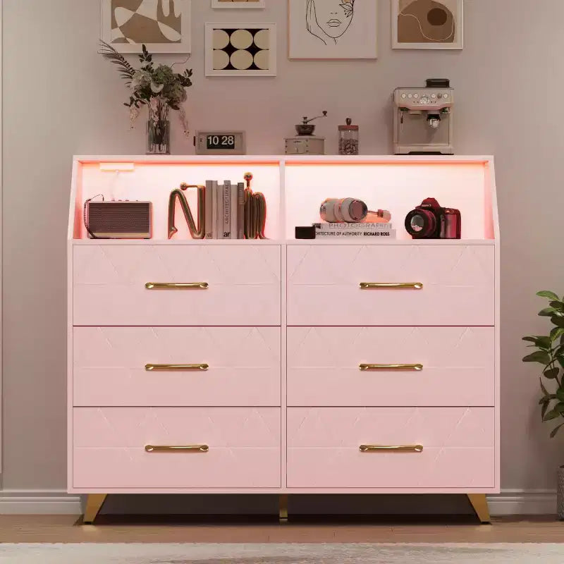 Commode avec station de charge, commode meuble TV LED avec 6 tiroirs