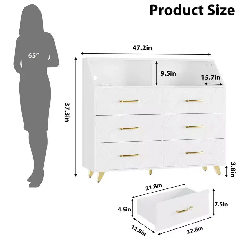 Commode avec station de charge, commode meuble TV LED avec 6 tiroirs