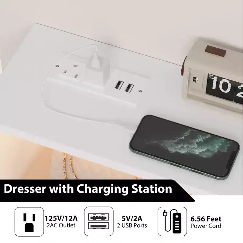 Commode avec station de charge, commode meuble TV LED avec 6 tiroirs