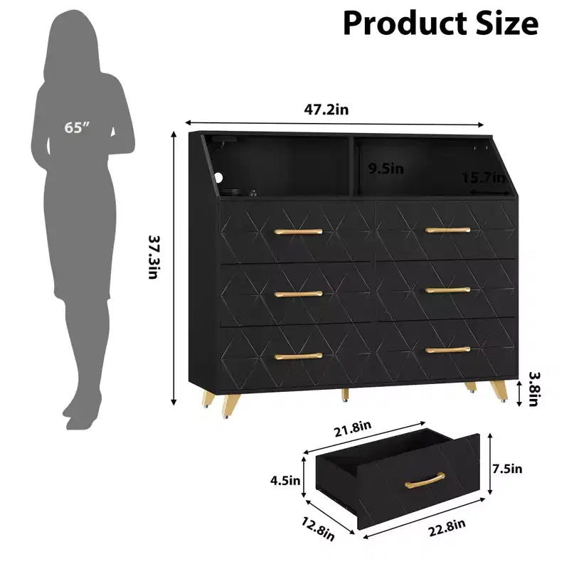 Commode avec station de charge, commode meuble TV LED avec 6 tiroirs