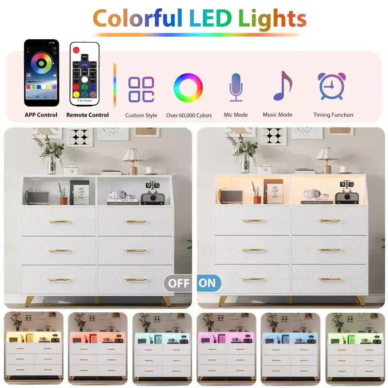 Commode avec station de charge, commode meuble TV LED avec 6 tiroirs