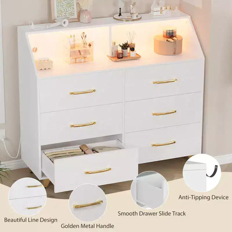 Commode avec station de charge, commode meuble TV LED avec 6 tiroirs