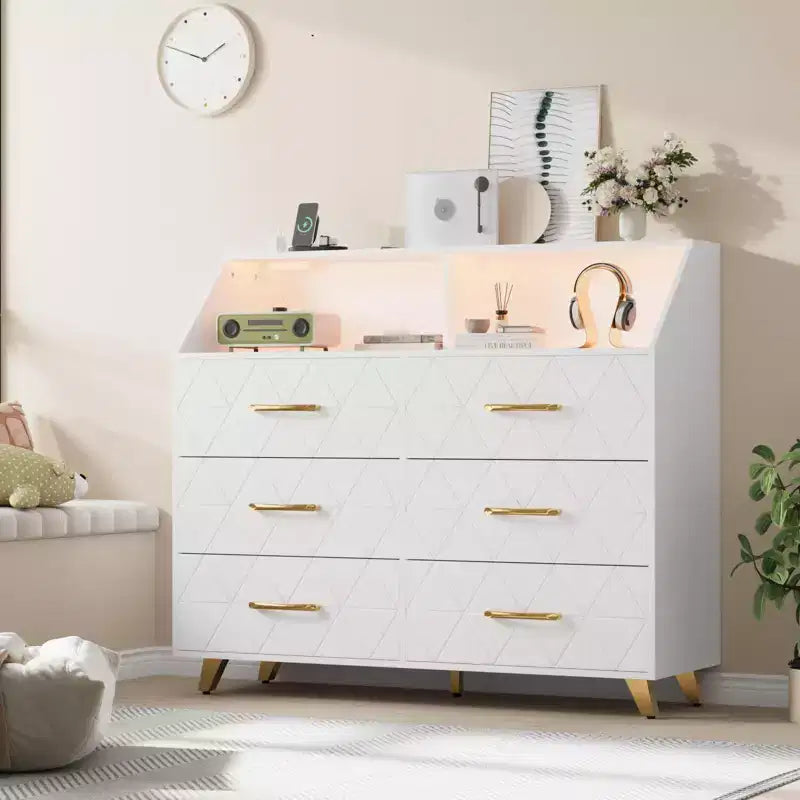 Commode avec station de charge, commode meuble TV LED avec 6 tiroirs