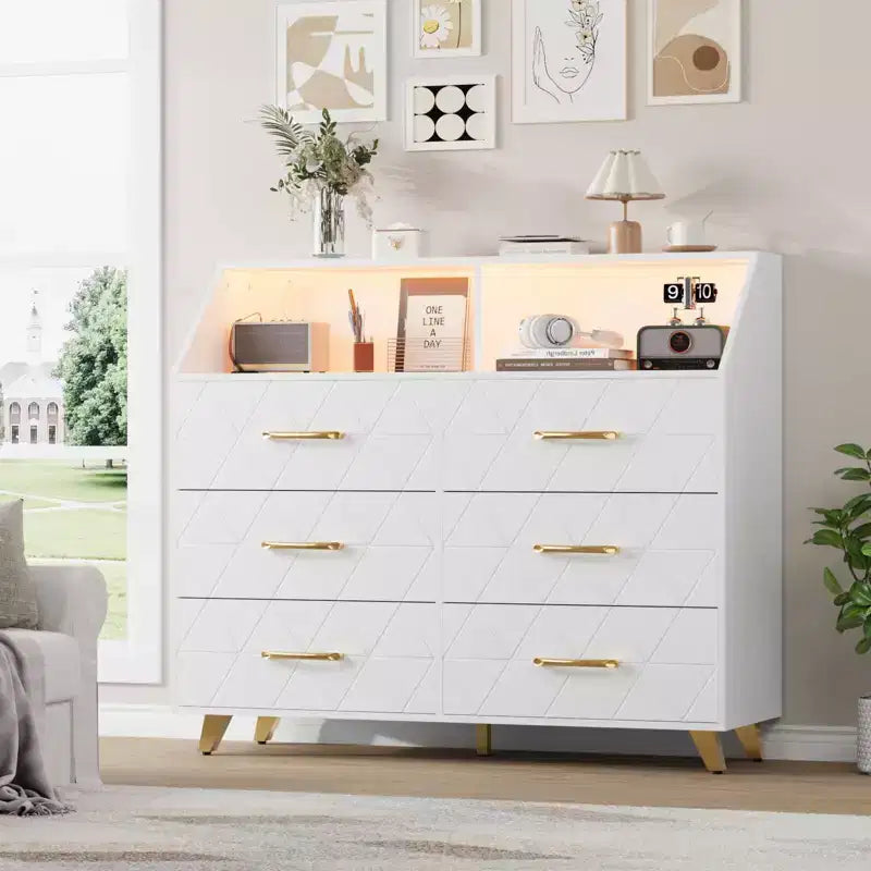 Commode avec station de charge, commode meuble TV LED avec 6 tiroirs