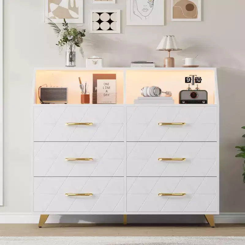 Commode avec station de charge, commode meuble TV LED avec 6 tiroirs