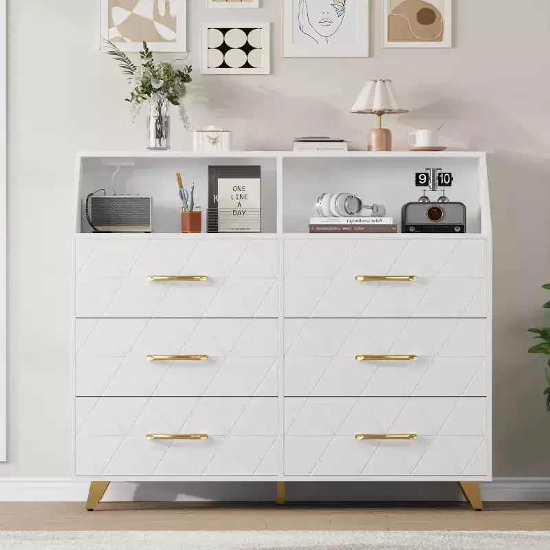 Commode avec station de charge, commode meuble TV LED avec 6 tiroirs