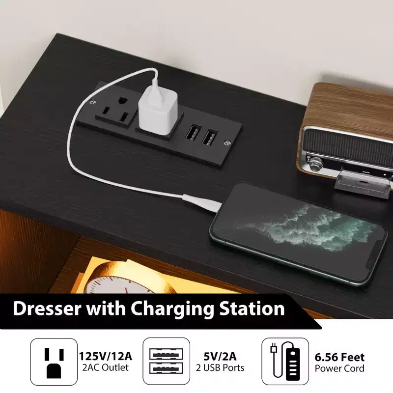 Commode avec station de charge, commode meuble TV LED avec 6 tiroirs