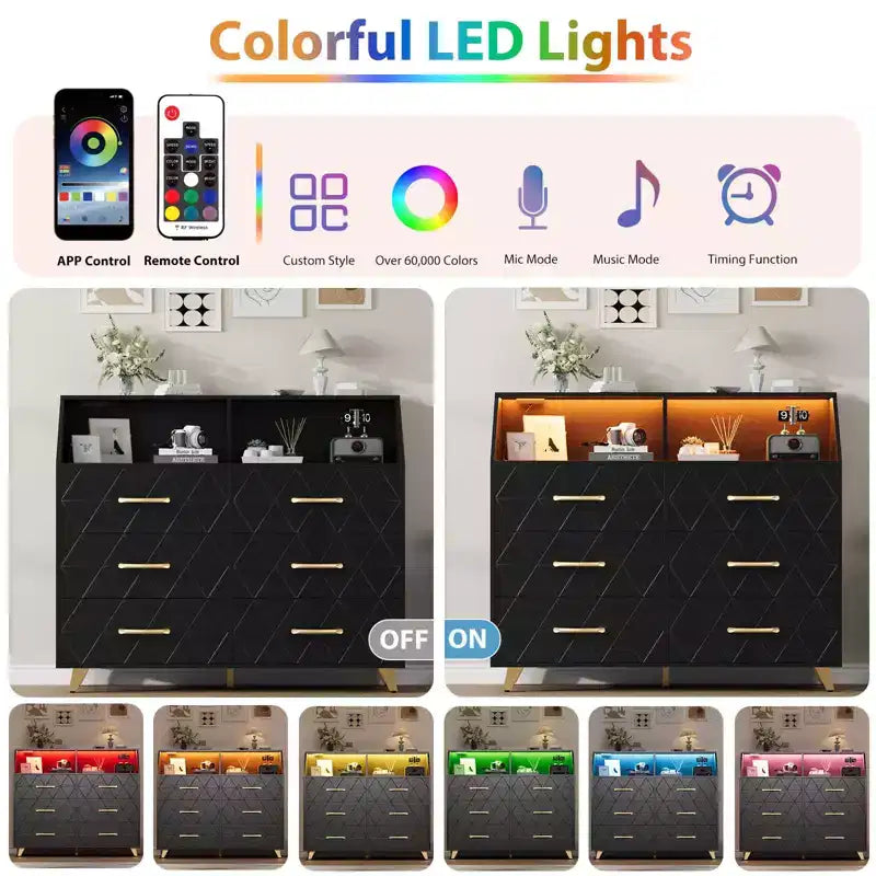 Commode avec station de charge, commode meuble TV LED avec 6 tiroirs