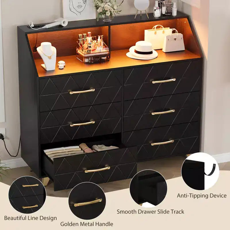 Commode avec station de charge, commode meuble TV LED avec 6 tiroirs