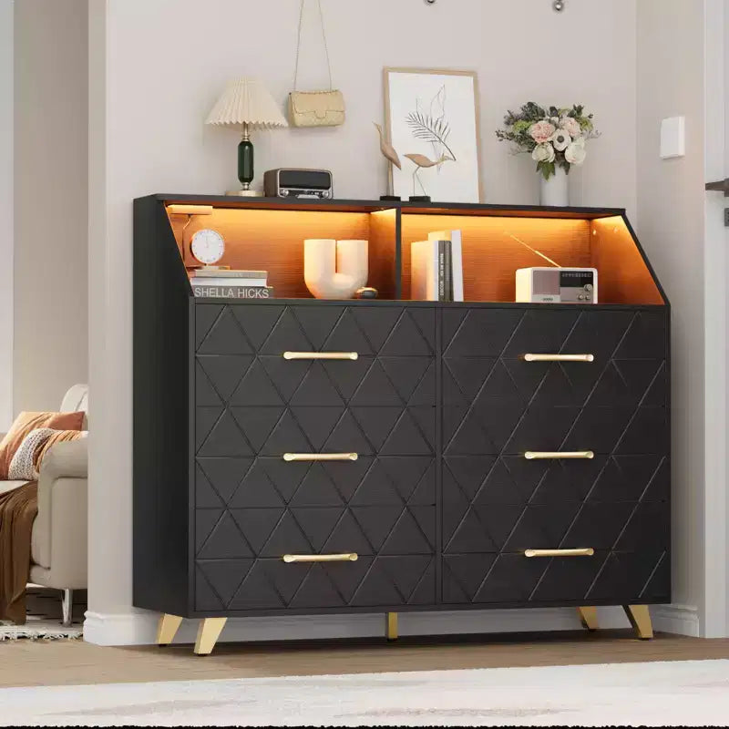 Commode avec station de charge, commode meuble TV LED avec 6 tiroirs