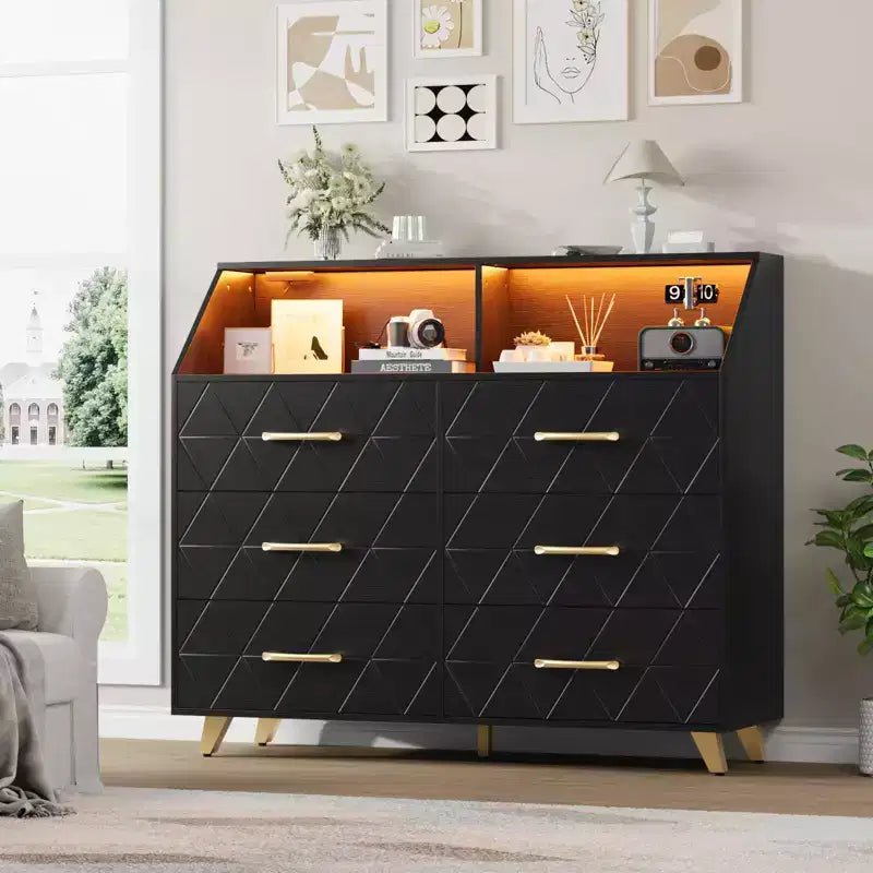 Commode avec station de charge, commode meuble TV LED avec 6 tiroirs