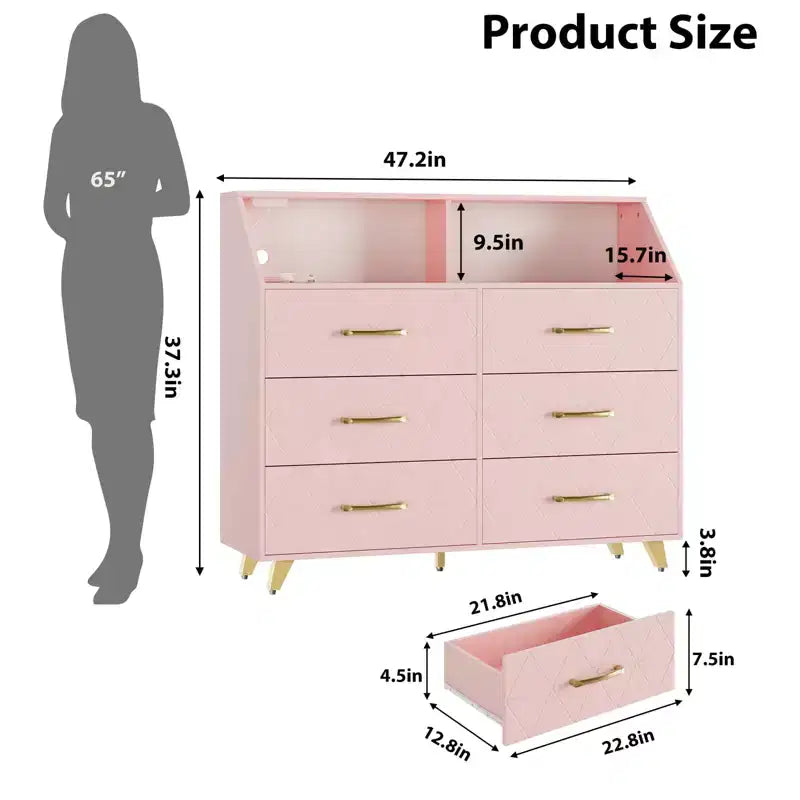 Commode avec station de charge, commode meuble TV LED avec 6 tiroirs