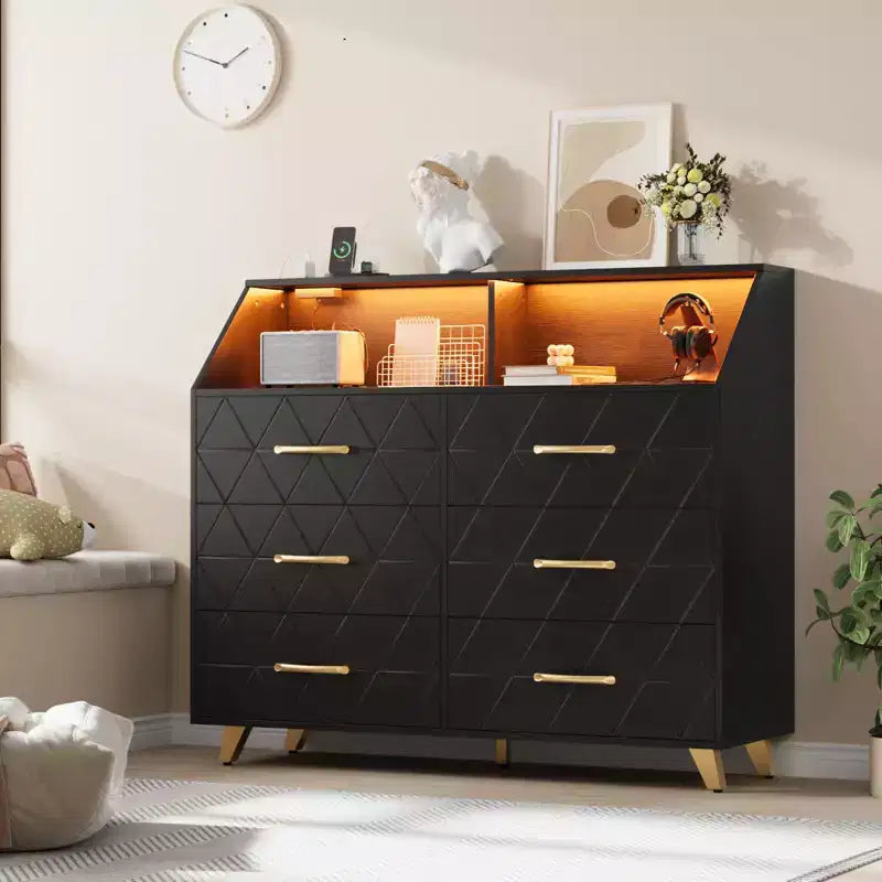 Dresser with Charging Station, LED TV Stand Dresser with 6 Drawers, Wood Modern Dressers &amp; Chests of Drawers for Closet, Bedroom, Living Room