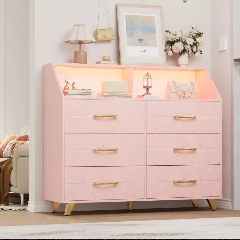 Commode avec station de charge, commode meuble TV LED avec 6 tiroirs