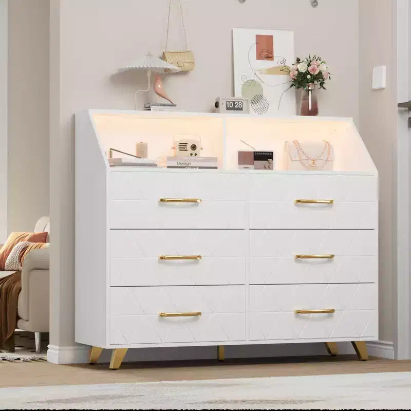 Commode avec station de charge, commode meuble TV LED avec 6 tiroirs