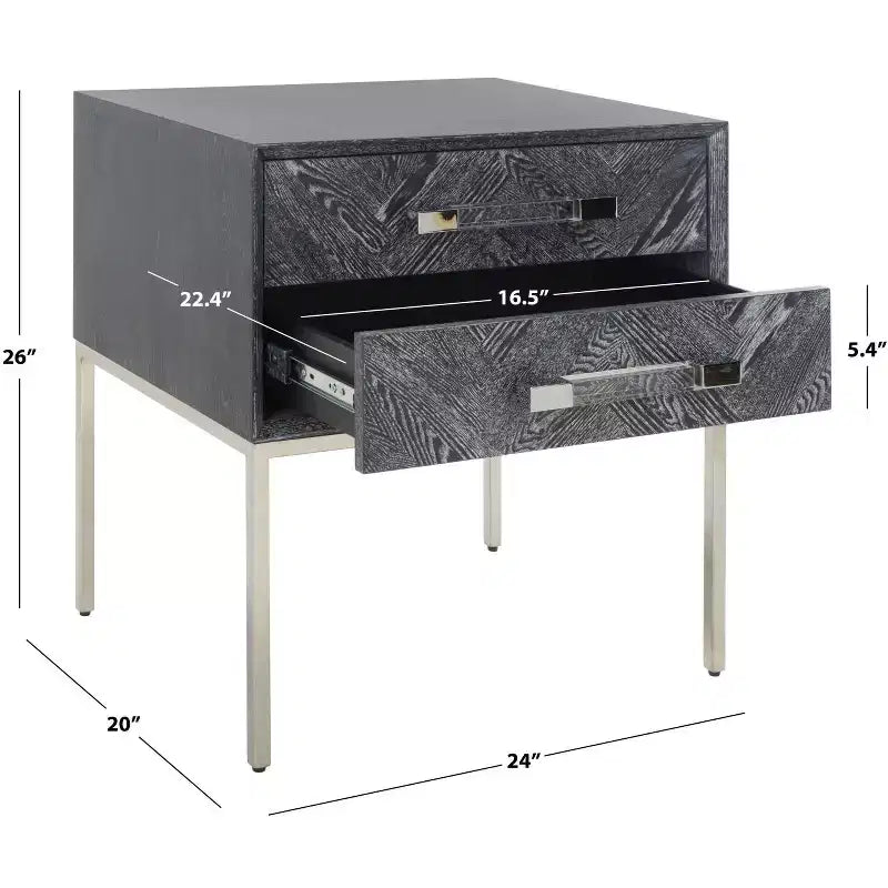 Table de chevet à 2 tiroirs en chêne cérusé noir