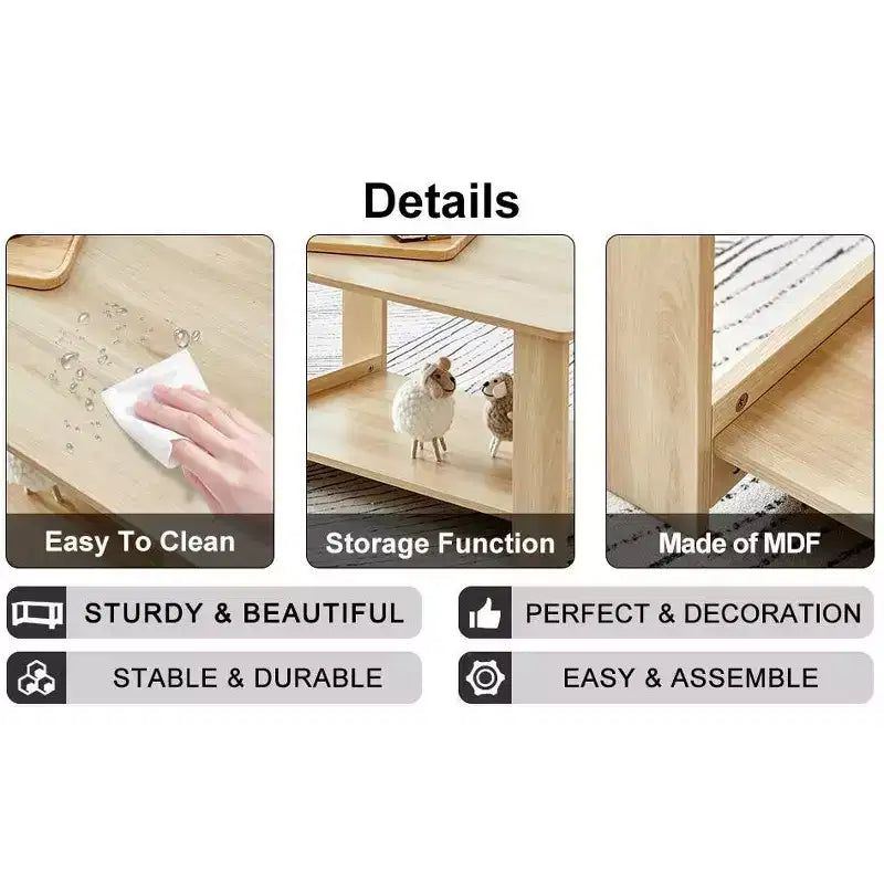 Table basse moderne et pratique avec rangements et étagères ouvertes, table d'appoint