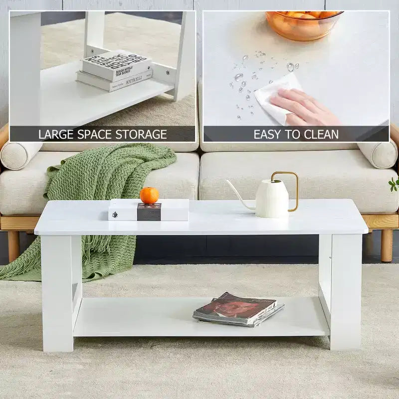 Table basse moderne et pratique avec rangements et étagères ouvertes, table d'appoint