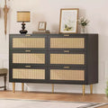 Natural Rattan 6-Drawer Dresser with Gold Legs &amp; Handles, Wide Storage Chest for Bedroom or Living Room, Anti-Tip Design &amp; Large Top Surface