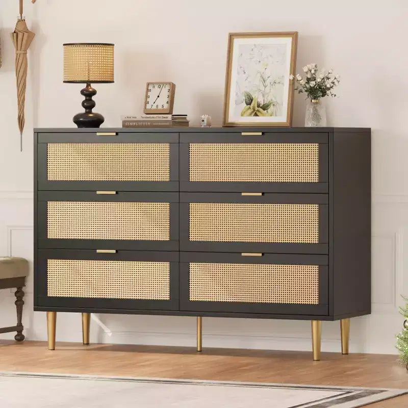 Natural Rattan 6-Drawer Dresser with Gold Legs &amp; Handles, Wide Storage Chest for Bedroom or Living Room, Anti-Tip Design &amp; Large Top Surface