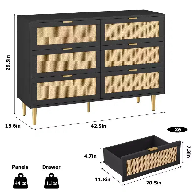 Commode à 6 tiroirs en rotin naturel avec pieds et poignées dorés, coffre de rangement large