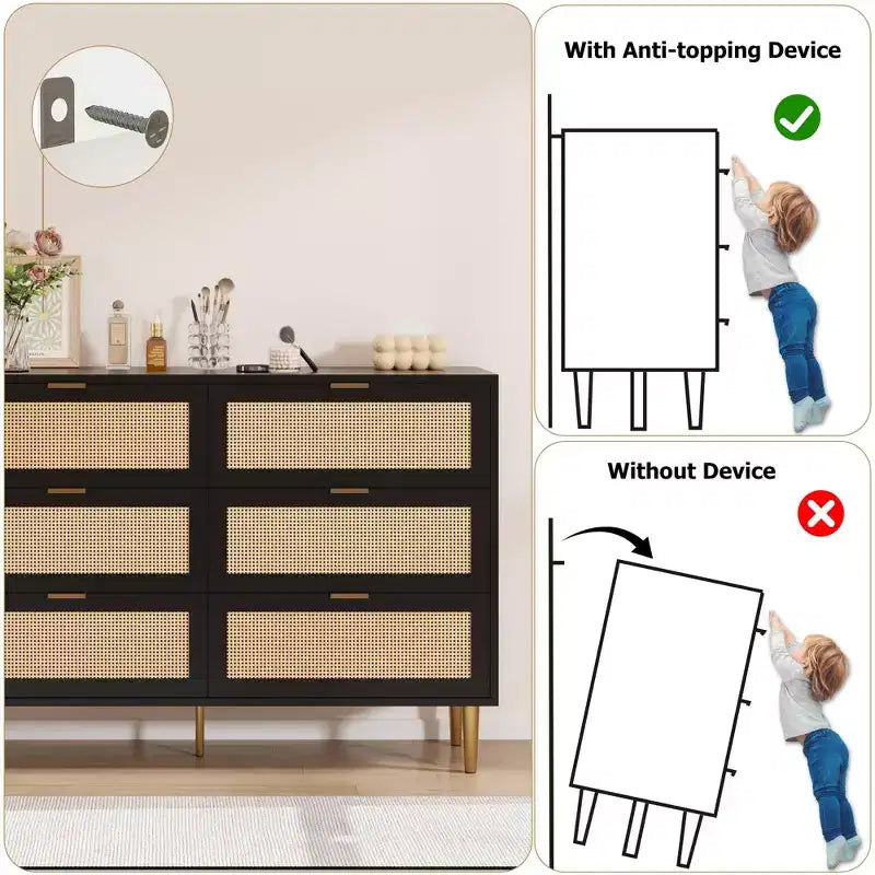 Commode à 6 tiroirs en rotin naturel avec pieds et poignées dorés, coffre de rangement large