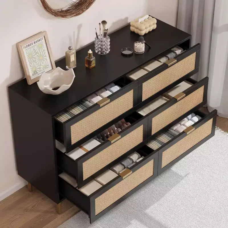 Commode à 6 tiroirs en rotin naturel avec pieds et poignées dorés, coffre de rangement large