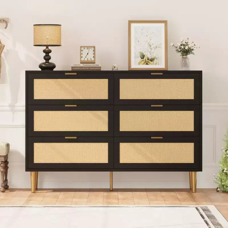 Commode à 6 tiroirs en rotin naturel avec pieds et poignées dorés, coffre de rangement large