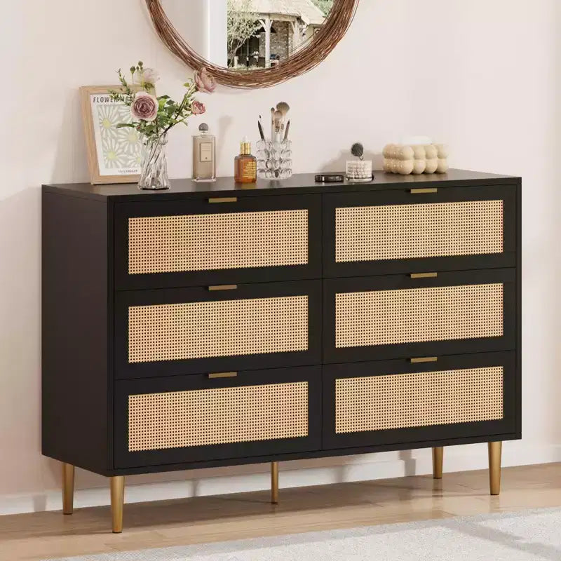 Commode à 6 tiroirs en rotin naturel avec pieds et poignées dorés, coffre de rangement large