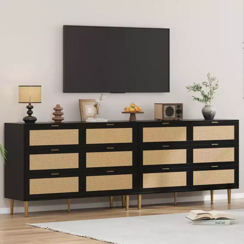Commode à 6 tiroirs en rotin naturel avec pieds et poignées dorés, coffre de rangement large