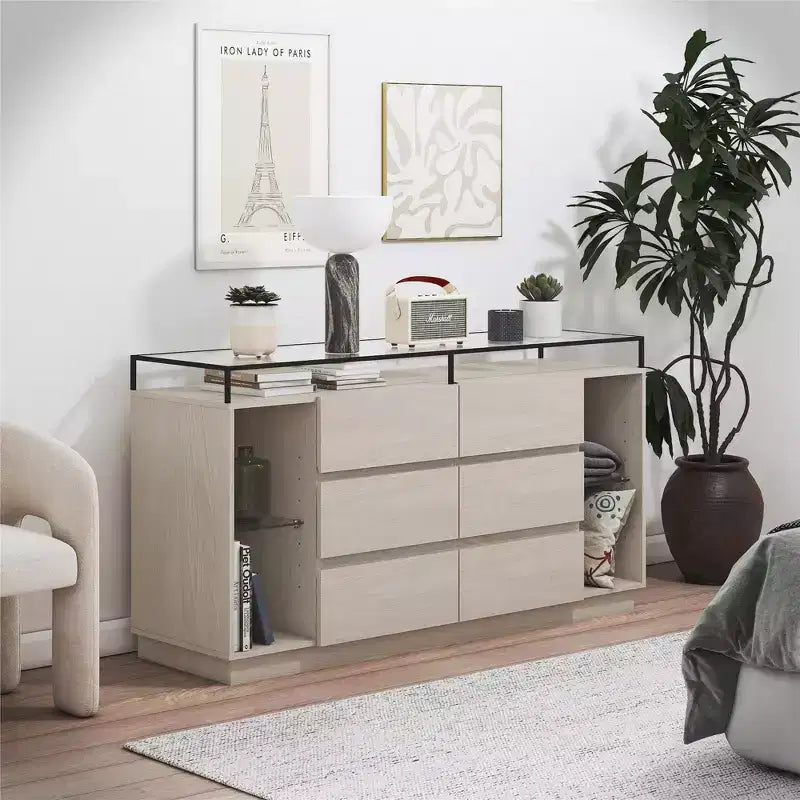 Commode à 6 tiroirs avec lumières LED et plateau en verre