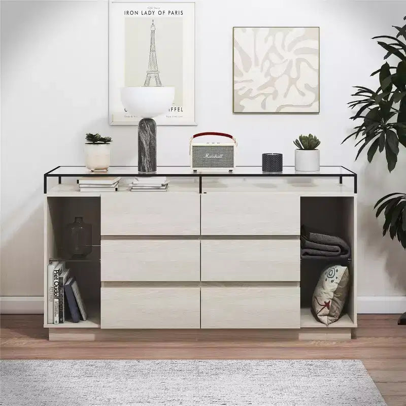 Commode à 6 tiroirs avec lumières LED et plateau en verre