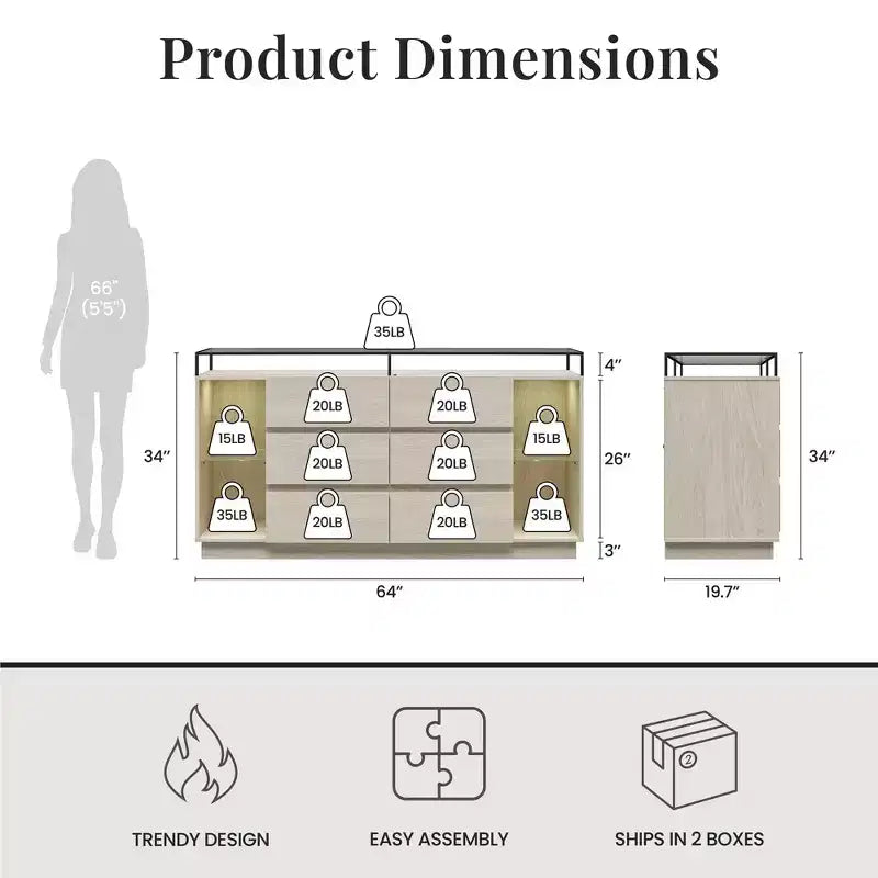 Commode à 6 tiroirs avec lumières LED et plateau en verre