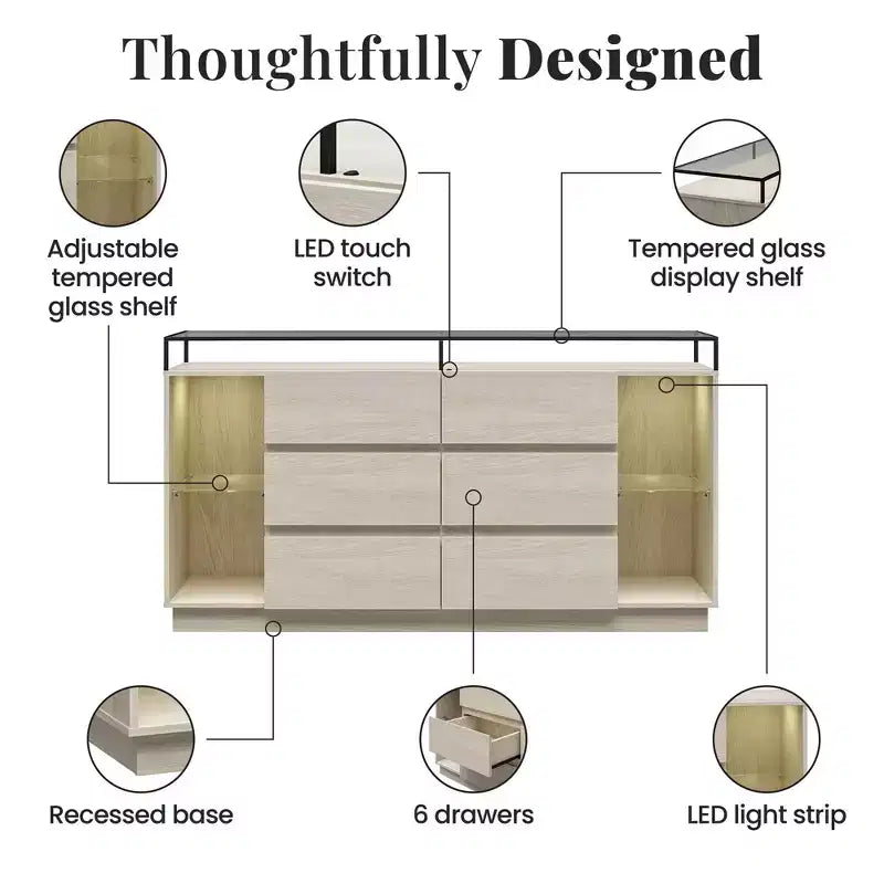 Commode à 6 tiroirs avec lumières LED et plateau en verre