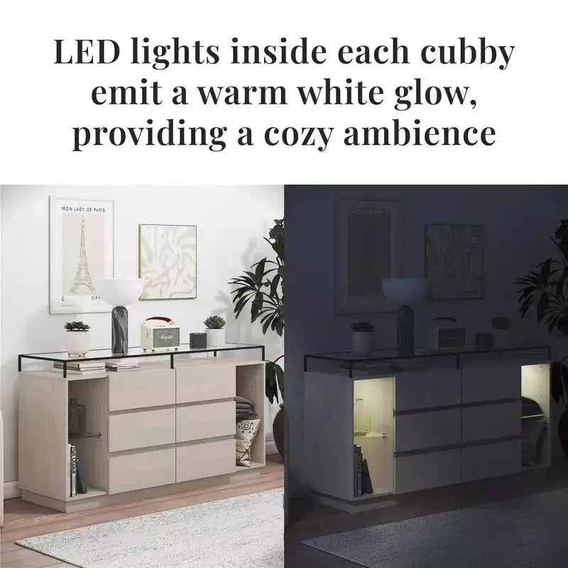 Commode à 6 tiroirs avec lumières LED et plateau en verre