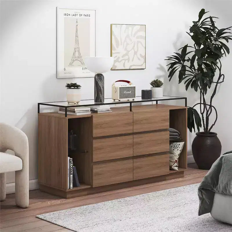 Commode à 6 tiroirs avec lumières LED et plateau en verre
