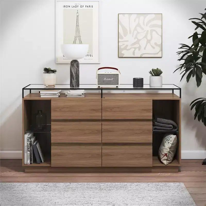Commode à 6 tiroirs avec lumières LED et plateau en verre